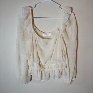 ASTR the Label Cream Ruffle Trim Long Sleeve Peplum‎ Blouse Women's Size Large